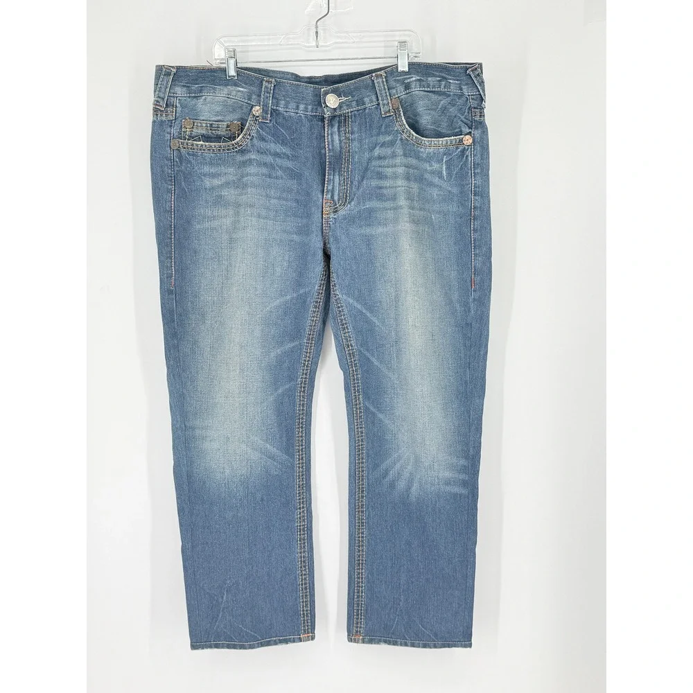 Vintage True Religion Bobby Mens Blue Straight Leg Embroidered Eagle Jeans 46x29
